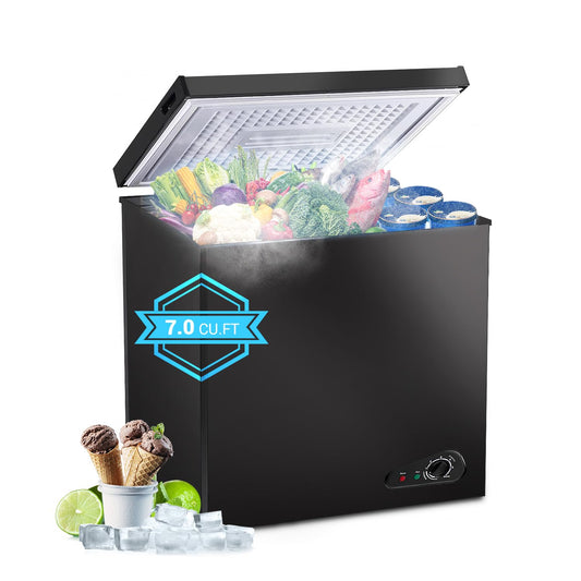 7.0 Cu.ft Chest Freezer, Top Open Door Deep Freezer with 7 Adjustable Thermostat (-18°F to 50°F), Compact Freezer with Removable Basket for Home/Garage/Office, Black