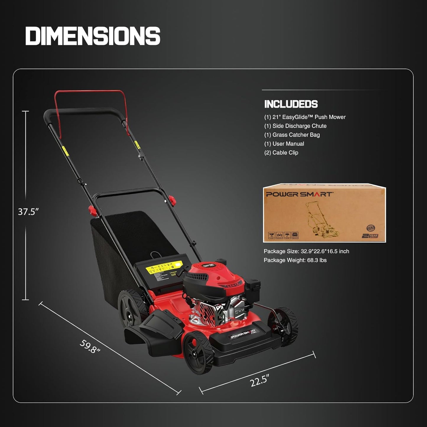 PowerSmart EasyGlide 21-Inch Gas Lawn Mower, 144cc 4-Stroke OHV Engine, Push Walk-Behind, 3-in-1 Mulch/Bag/Side Discharge, Steel Deck, 6 Height Adjustment