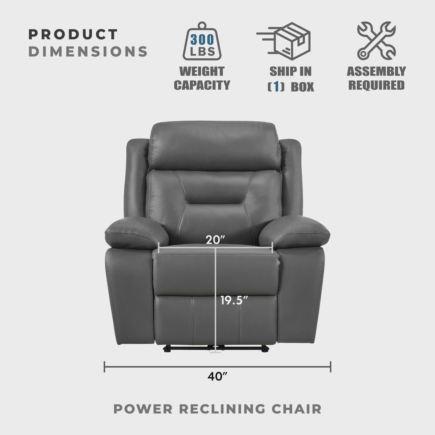 Lexicon Power Recliner Chair for Living Room, Top Grain Leather Match Recliner with Pillow Top Armrests, Home Theater Seating, Wall Hugger Recliners with USB Port, 40" W, Dark Gray