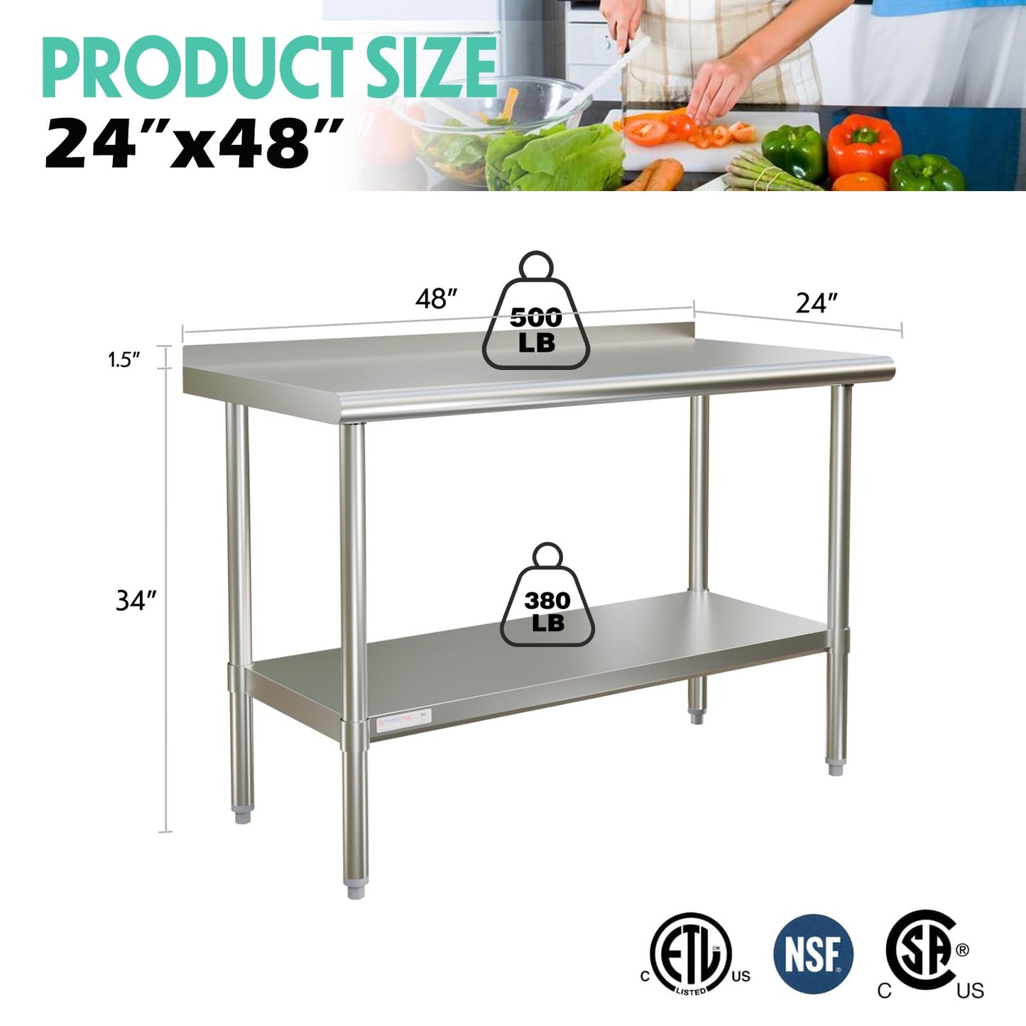 STABLEINK NSF Stainless Steel Table 48x24 Inches 4ft, Metal Prep & Work Table with Backsplash and Adjustable Undershelf, for Commercial Kitchen, Restaurant, Hotel, Laundry and Garage