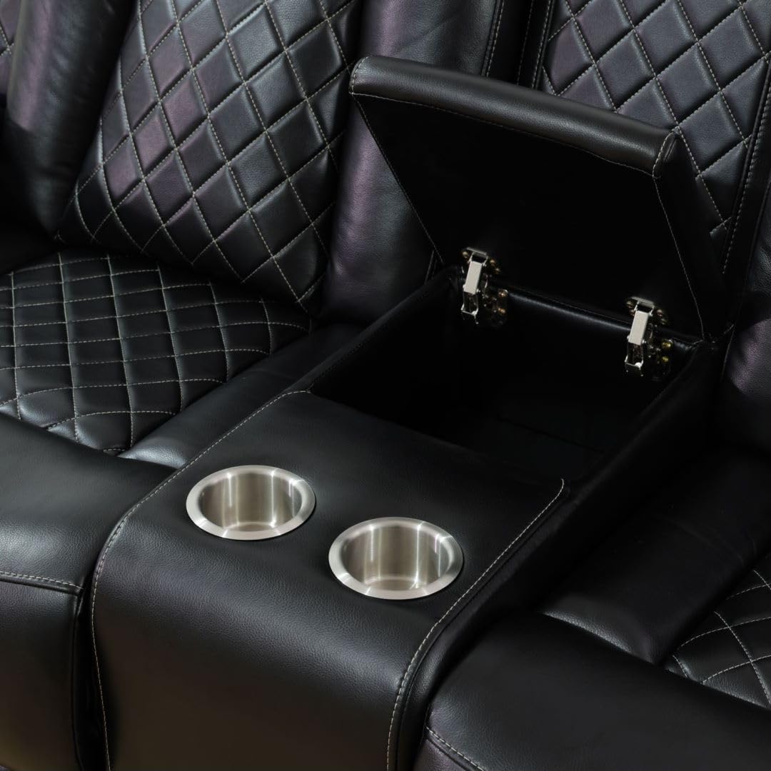 UOCFYK Electric Power Recliner Loveseat Set Living Room Furniture, Comfy Home Theater Breathing Leather Seating with USB 2.0 Charging Ports, LED Light Strips, Mid Console and Cupholders (Black)