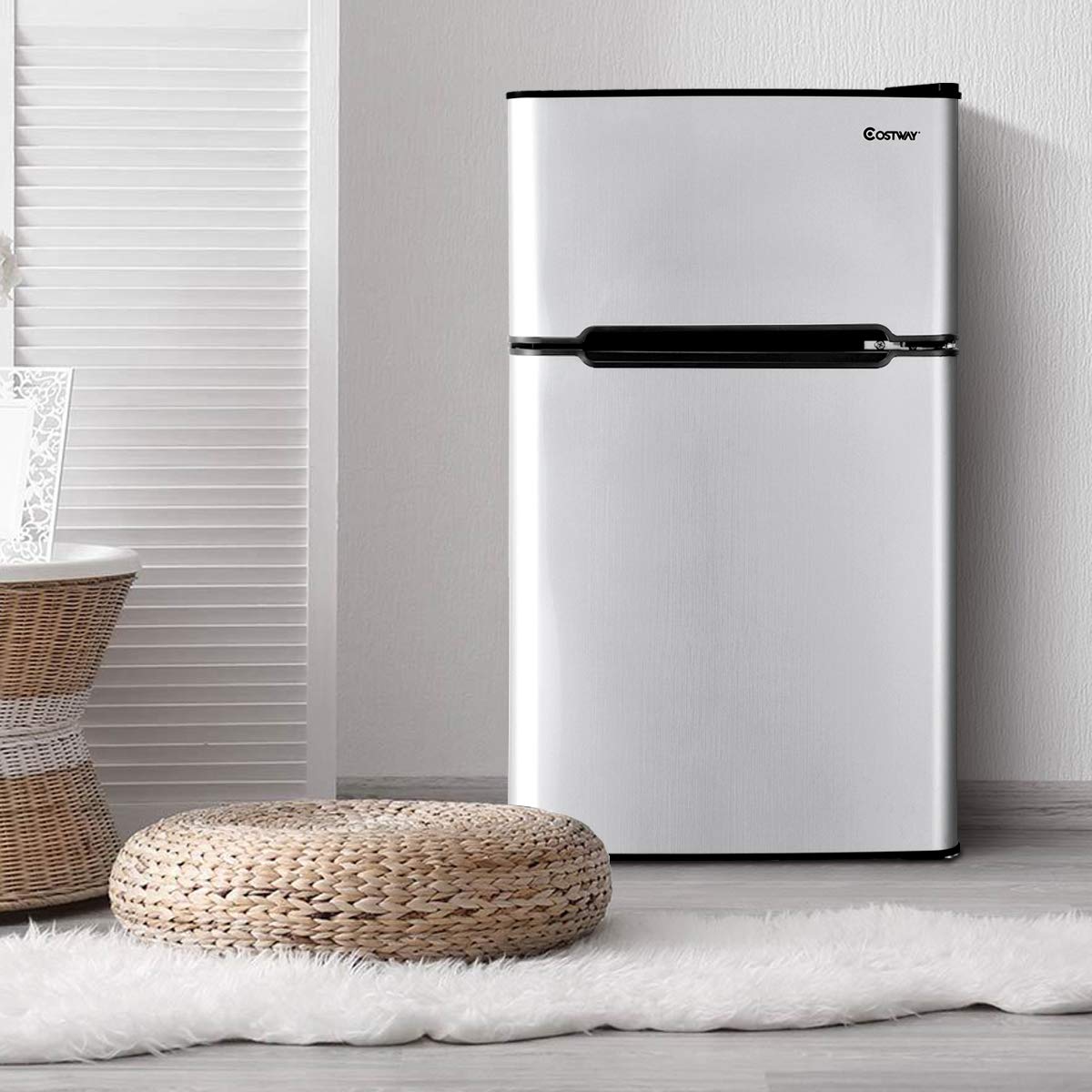 COSTWAY Mini Fridge with Freezer, 3.2 Cu.ft. 2-Door Mini Freezer Cooler Fridge w/ Reversible Door, Removable Glass Shelves, Mechanical Control, Small Refrigerator for Bedroom, Dorm, Office (Grey)