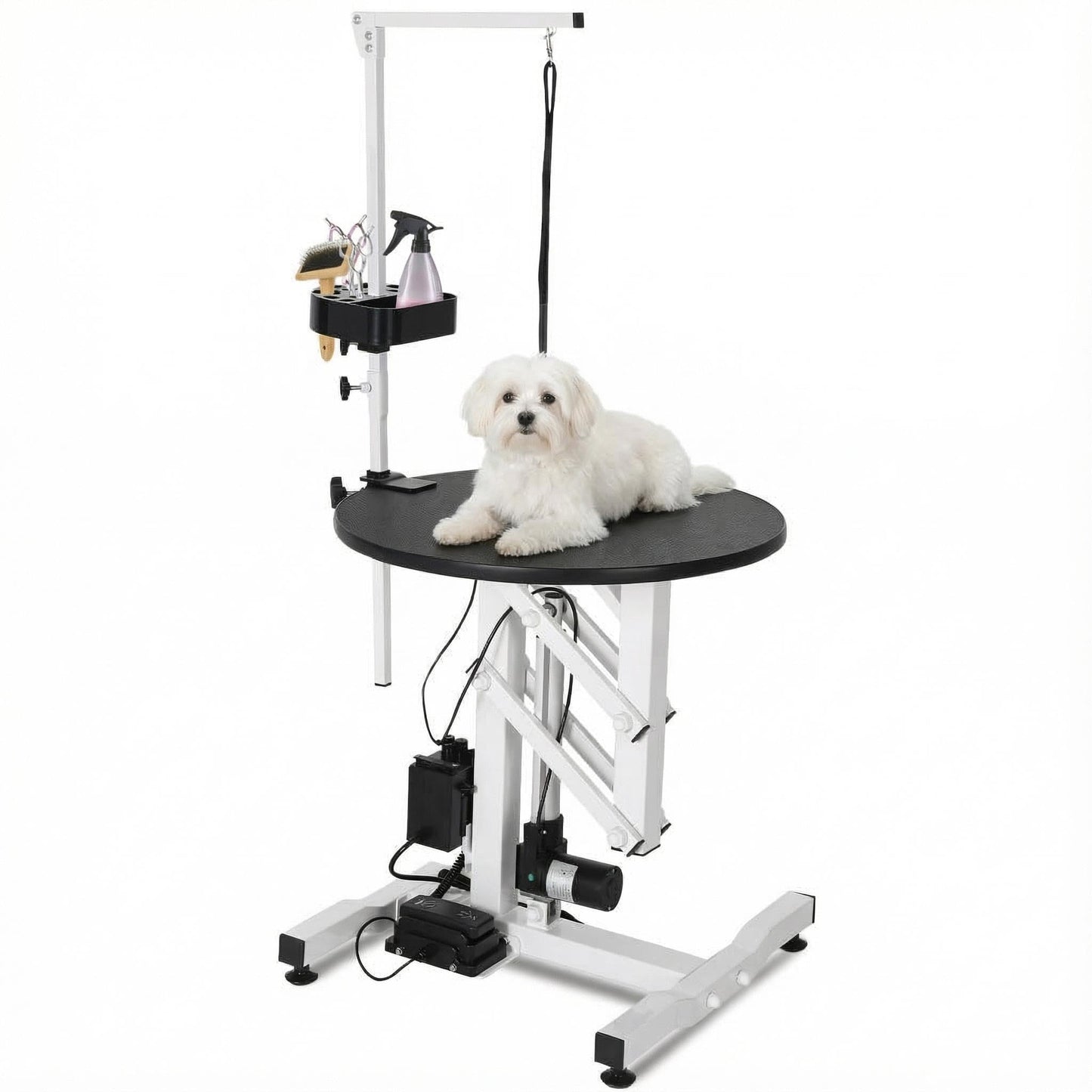 24 Inch Electric Dog Grooming Table, Rotating Grooming Desktop for Small Pet, with Overhead Arm, Foot Remote, Tool Organizer, Capacity 250LBS