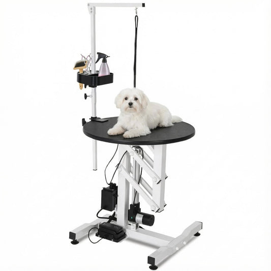 24 Inch Electric Dog Grooming Table, Rotating Grooming Desktop for Small Pet, with Overhead Arm, Foot Remote, Tool Organizer, Capacity 250LBS
