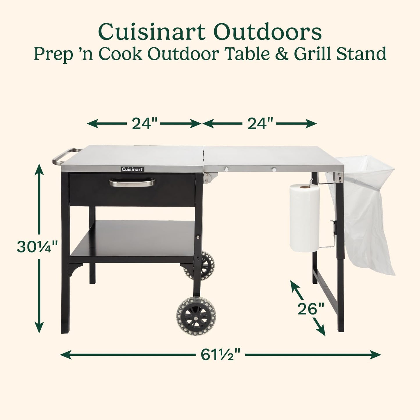 Cuisinart Prep ‘n Cook Outdoor Table and Grill Stand, Stainless Steel Folding Table with Wheels, 48” x 24” Prep Station for Home BBQ, Tailgates, Cookouts