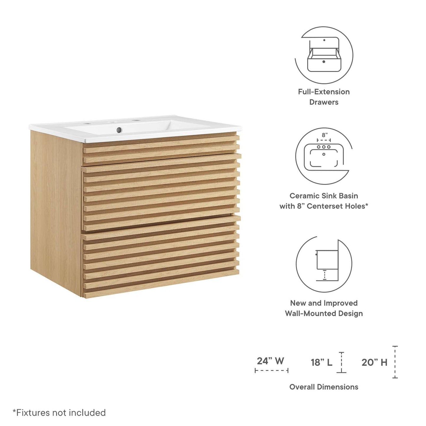 Modway Render 24" Wall-Mount Bathroom Vanity in Oak White