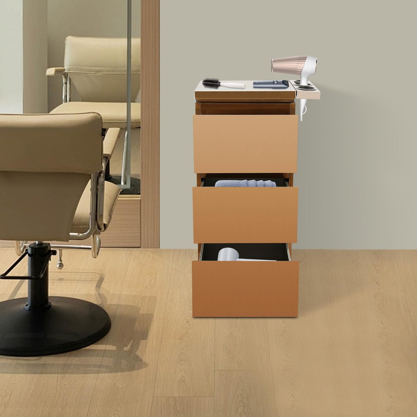 Salon Station for Hair Stylist, 3-Drawer Stainless Steel Salon Storage Cabinet Barber Organizer with 3 Hair Dryer Holders, Smooth & Silent Sliding (Rose Gold)