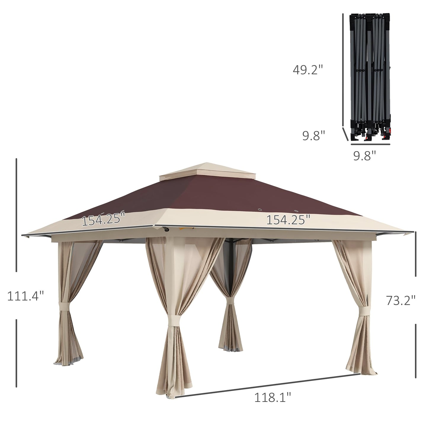 Outsunny 13' x 13' Pop Up Gazebo with Netting, UPF 50+ Instant Canopy Tent Shelter with Water/Sand Bags, Wheeled Carry Bag, for Outdoor, Garden, Parties, Brown