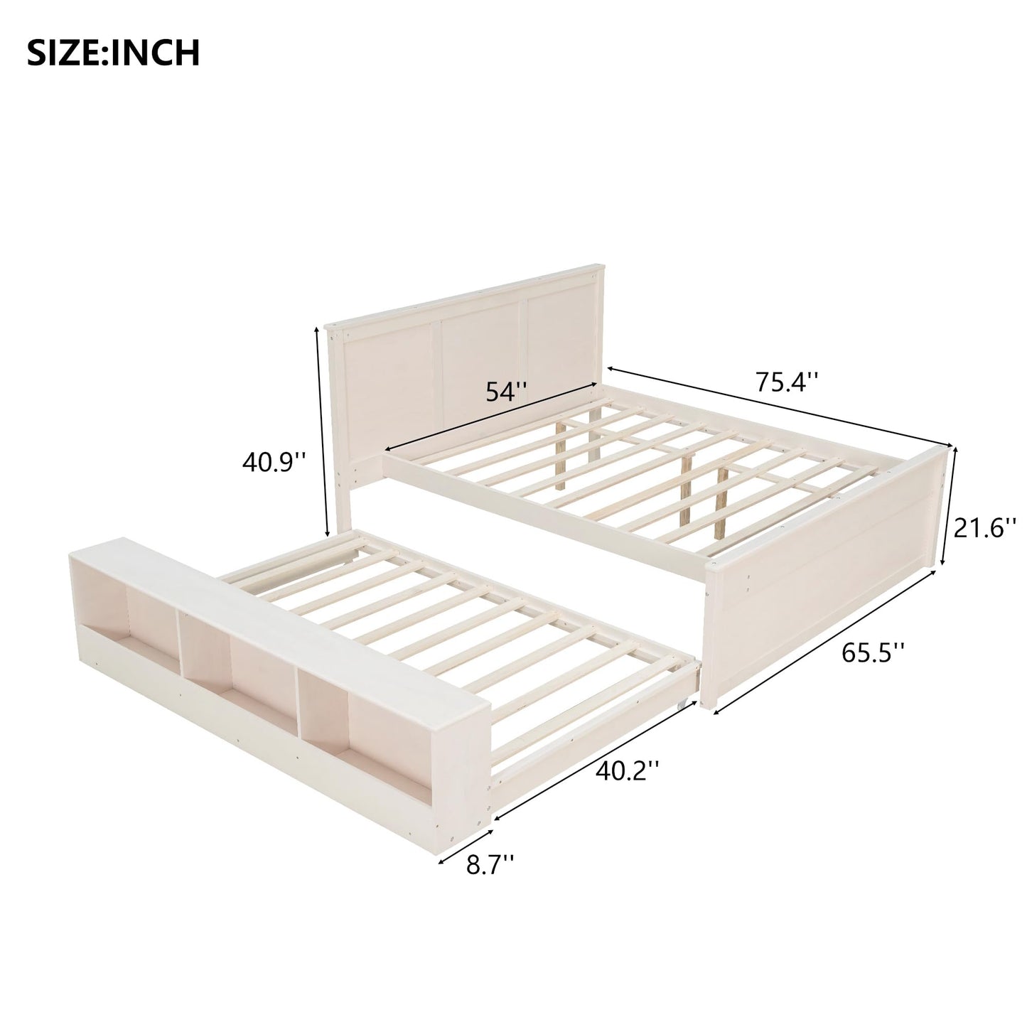 Merax Classic Solid Wood Platform Bed with Trundle Bed and Storage Cabinet, Full Storage Bed Frame with Headboard for Bedroom, Guest Room,No Box Spring Needed, Space Saving, Cream White