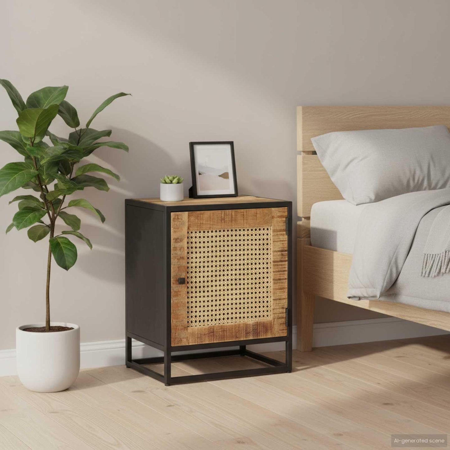 KGFHERENB Bedside Cabinet, 15.7"x11.8"x19.7" Rustic Solid Rough Mango Wood Nightstand with Hand-Woven Natural Cane Door, Iron Frame Side Table with Storage for Bedroom and Living Room