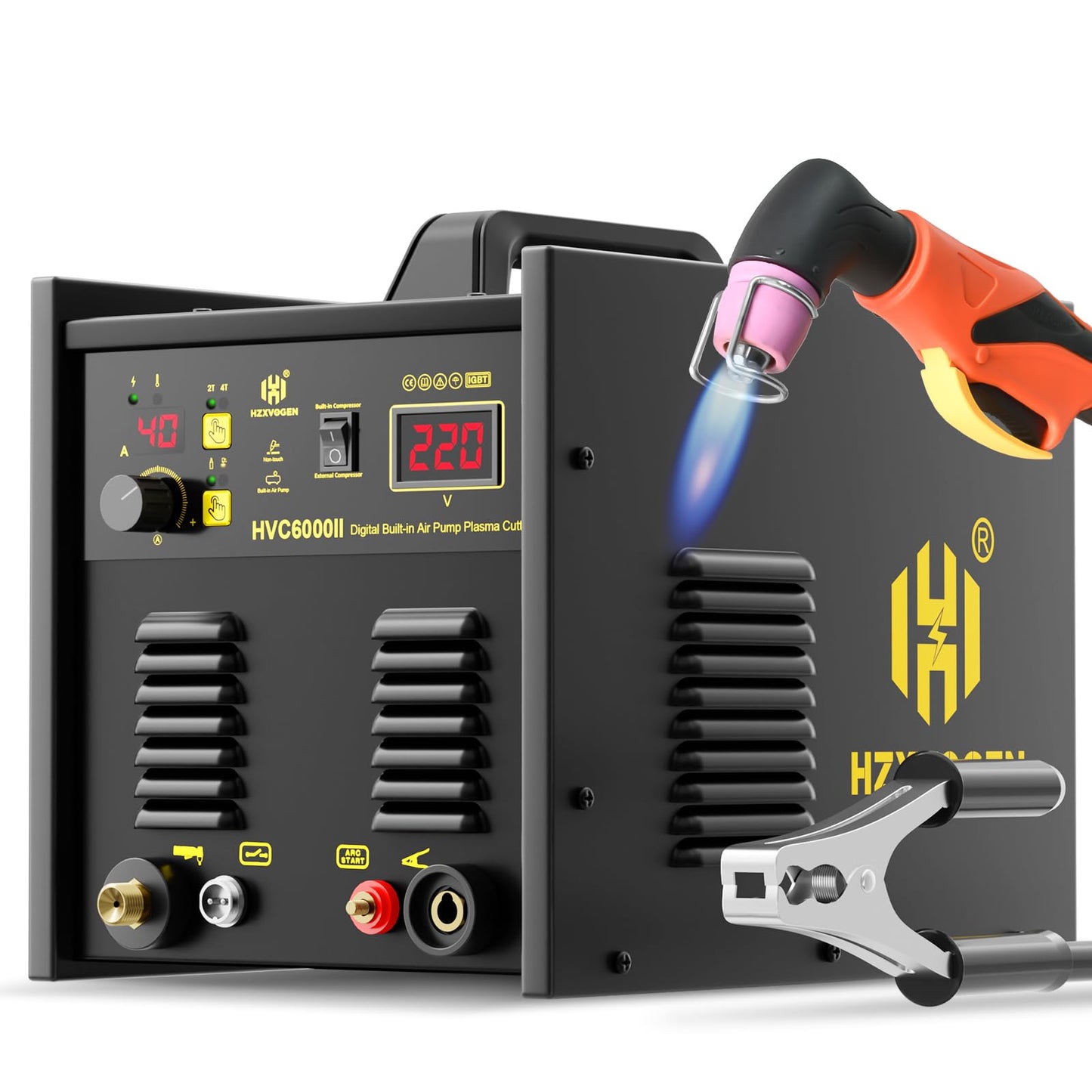 H HZXVOGEN Plasma Cutter with Built in Air Compressor, 50A Pilot Arc Plasma Cutter, 220V High Frequency Air Plasma Cutting Machine DC Inverter IGBT with 2T/4T, Capable External Compressor(HVC6000Pro)