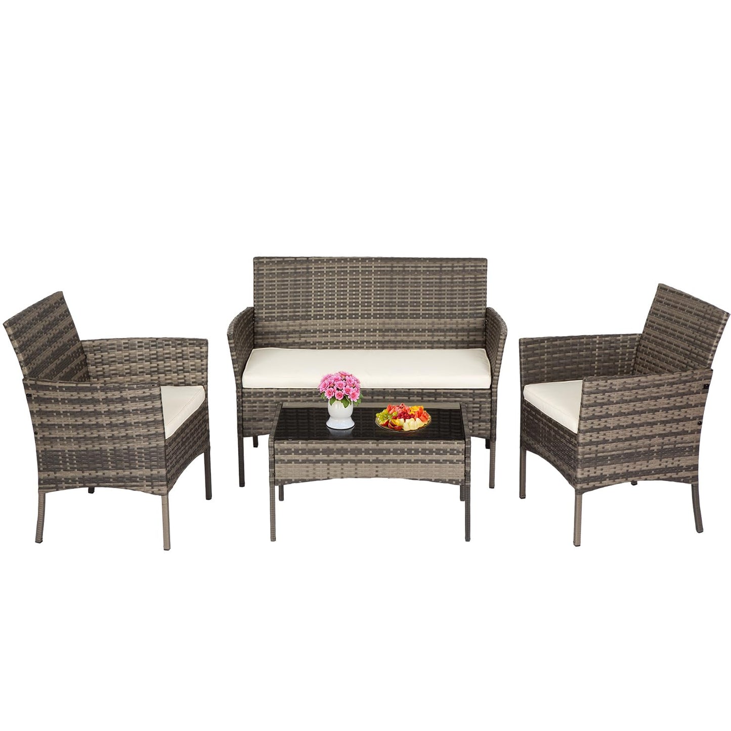 FDW Outdoor Patio Furniture Set Wicker Patio Set PE Rattan Furniture Bistro Set for Outdoor Indoor Use with Loveseats Coffee Table, Khaki Cushions, 4 Pieces