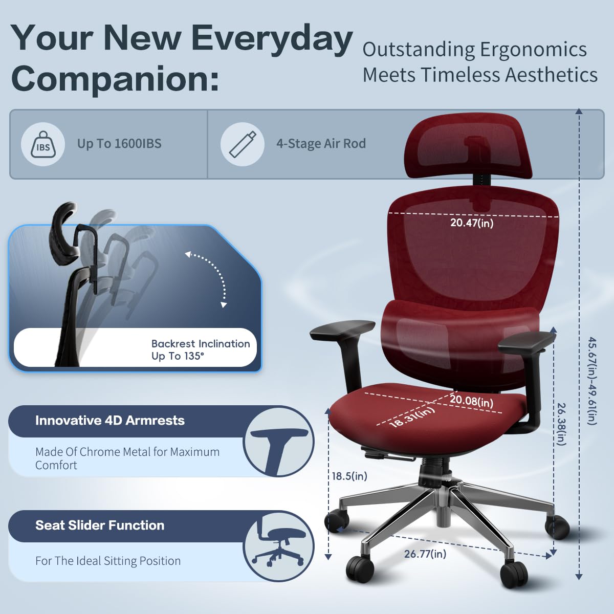 Jacia House TSCA Certified Ergonomic Mesh Office Chair, Big Tall Gaming Chair Adjustable Lumbar Support, 4D Armrests, 2D Headrest, 135° Reclining Rolling Swivel Desk Chairs with Seat Lock 600lb