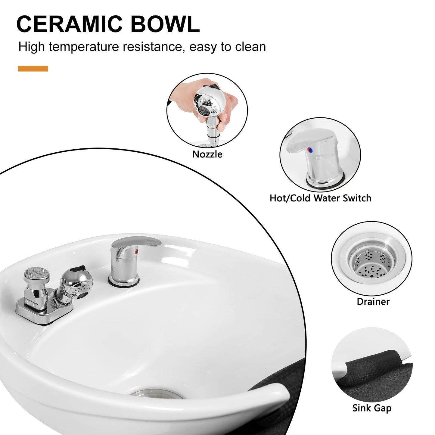 Artist Hand Shampoo Bowl, 47" Ceramic Bowl Chair Adjustable Backwash Shampoo Station Footrest Salon Equipment(White Bowl)