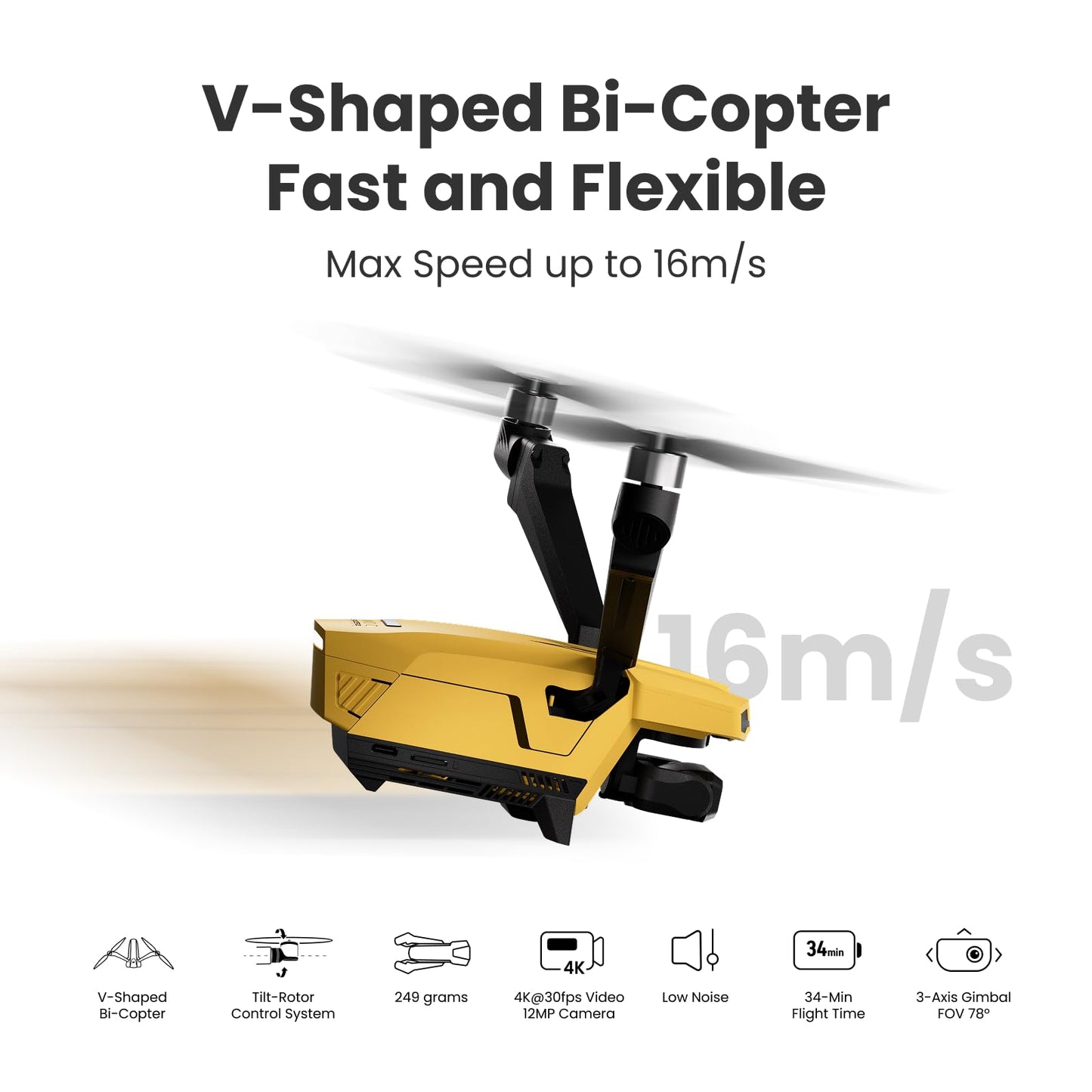 Drones with Camera for Adults 4K, VCOPTER Falcon Mini Bi-Copter Design, Inverted Flight Capability, Max Speed 16m/s, 10000 ft Video Transmission, 1 Battery for 34-Min Max Flight Time, 249g