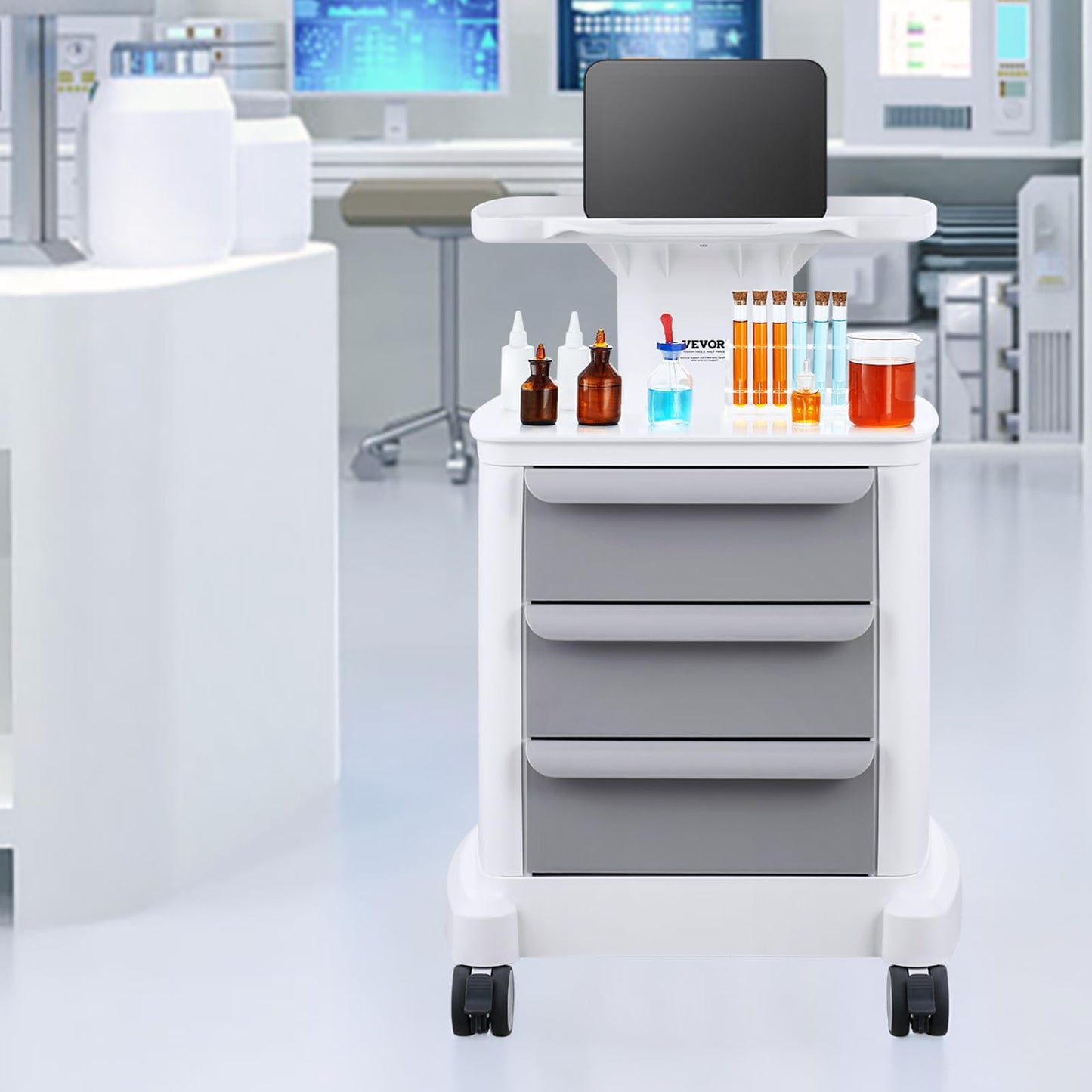 VEVOR 4 Tiers Lab Carts, Lab Utility Cart with 3 Drawers & 1 Top Tray, Mobile Medical Cart with ABS Material, Lab Rolling Cart with 4 Silent Wheels for Lab, Clinic, Hospital, Salon, White