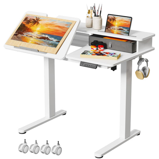 40 Inch Standing Desk, 60° Tiltable Electric Drafting Table Height Adjustable, Foldable Mobile Rising Desk with Drawer, Storage Shelf, Flippable Art Table on Wheels for Kids’ Drawing, White