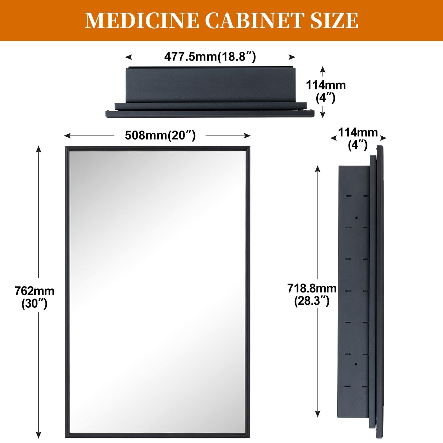 YOOSHINE Black Bathroom Medicine Cabinet with Mirror Squared Rectangle Metal Frame Recessed Or Wall Mounted Single Door Storage Medicine Cabinets with 3 Adjustable Shelves (Black, 20 * 30'')