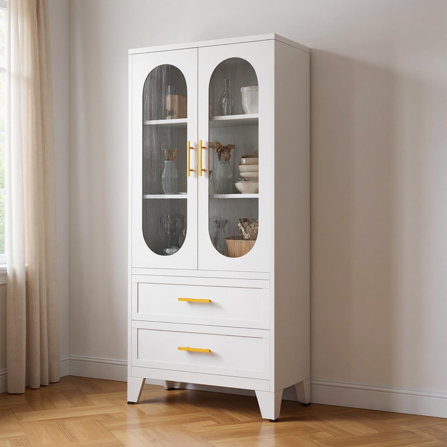 GarveeLife Tall Pantry Cabinet 73" h x 14" d, White Freestanding Storage Cabinet with 2 Large Drawers & Adjustable Shelves & Fluted Glass Door for Kitchen, Bathroom, Office & Hallway