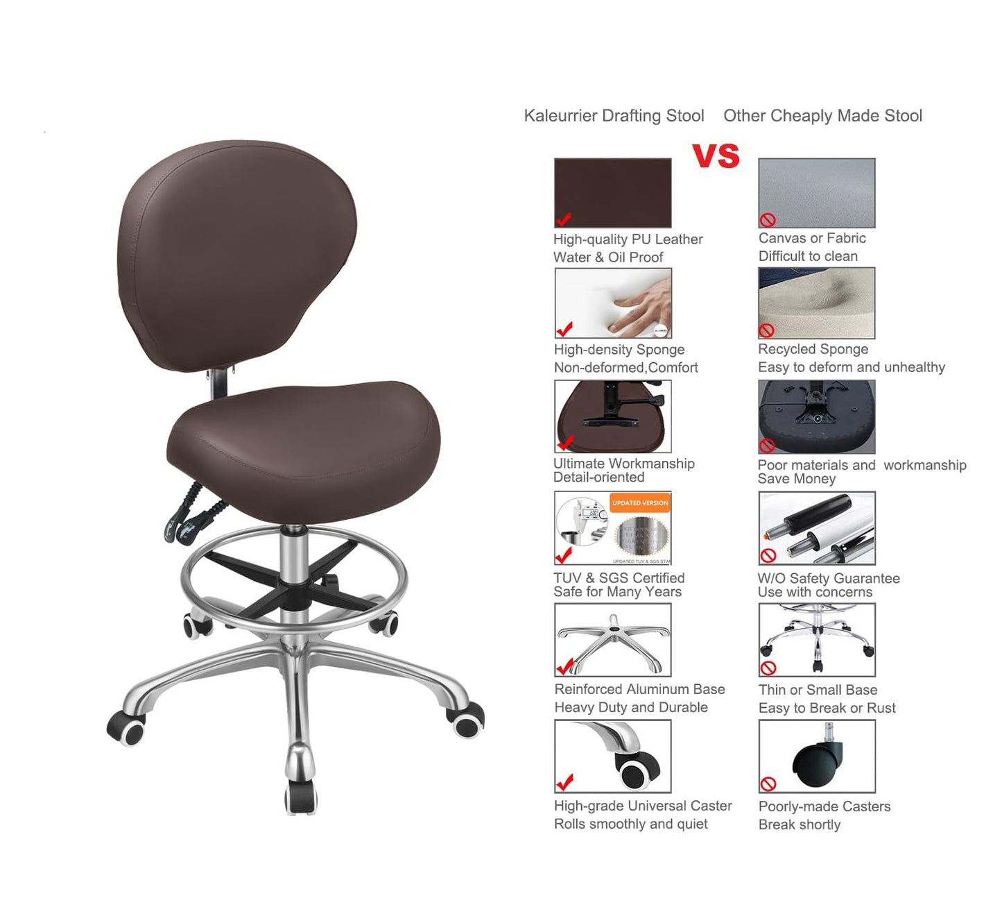Kaleurrier Adjustable Stools Drafting Chair with Backrest & Foot Rest,Tilt Back,Swivel Seat,Rolling Wheels,for Studio,Dental,Office,Salon and Counter,Armless Tall Home Desk Chairs (Brown)