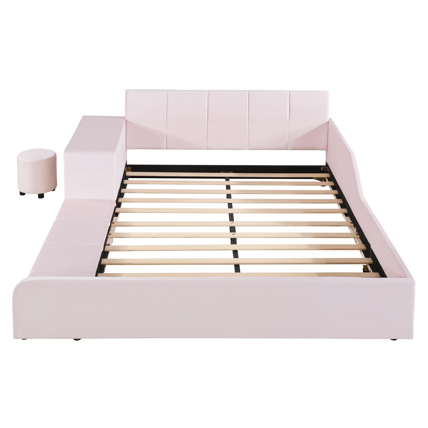 Merax Full Size Velvet Bed Frames Upholstered Grounded Bed, Wooden Mother & Child Bed with Bedside Desk and Little Round Stool,Kids Adults Bedroom Floor Platform Bed,Pink
