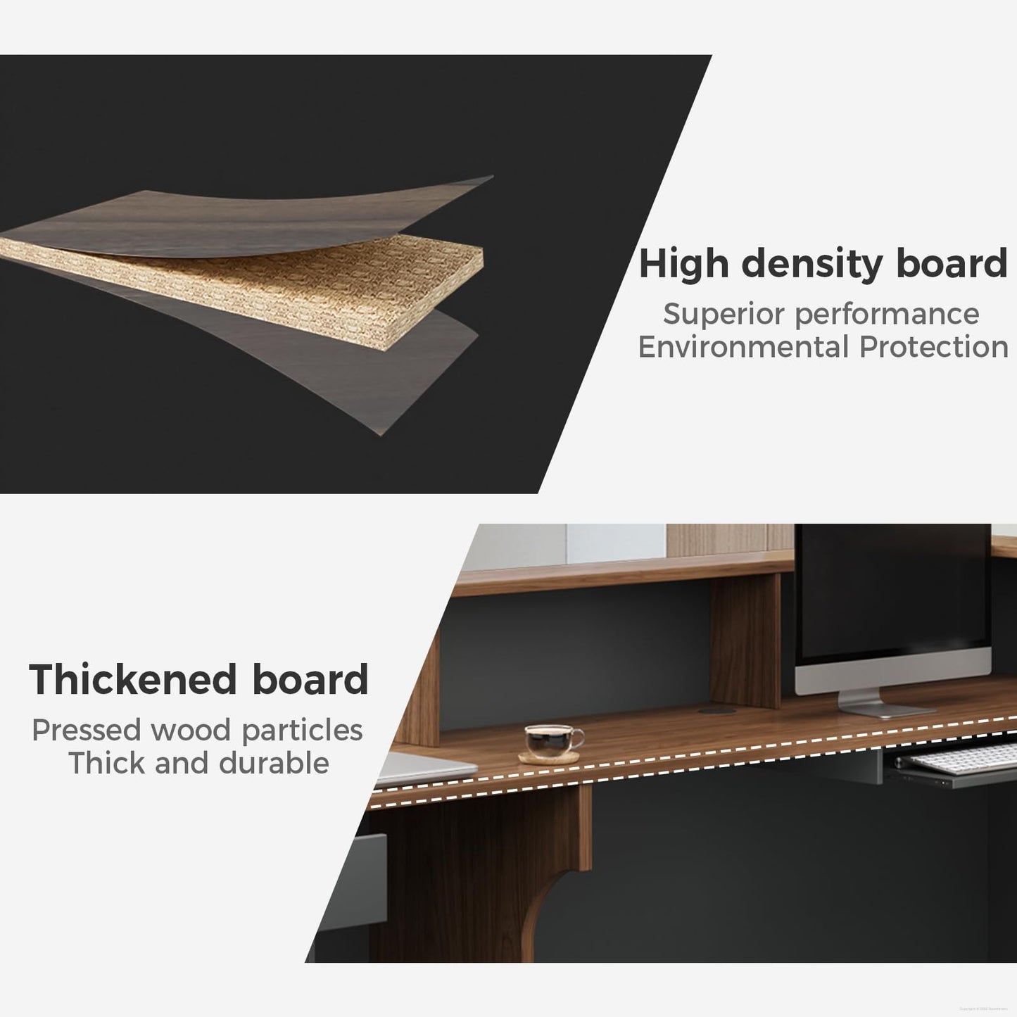 Huariifowm 87" L-Shaped Reception Desk with Counter, Front Desk with Lockable Drawer, Keyboard Tray & Shelves for Salon, Clinic, Retail & Office Lobby, Iron Gray & Walnut Brown, Left Cabinet