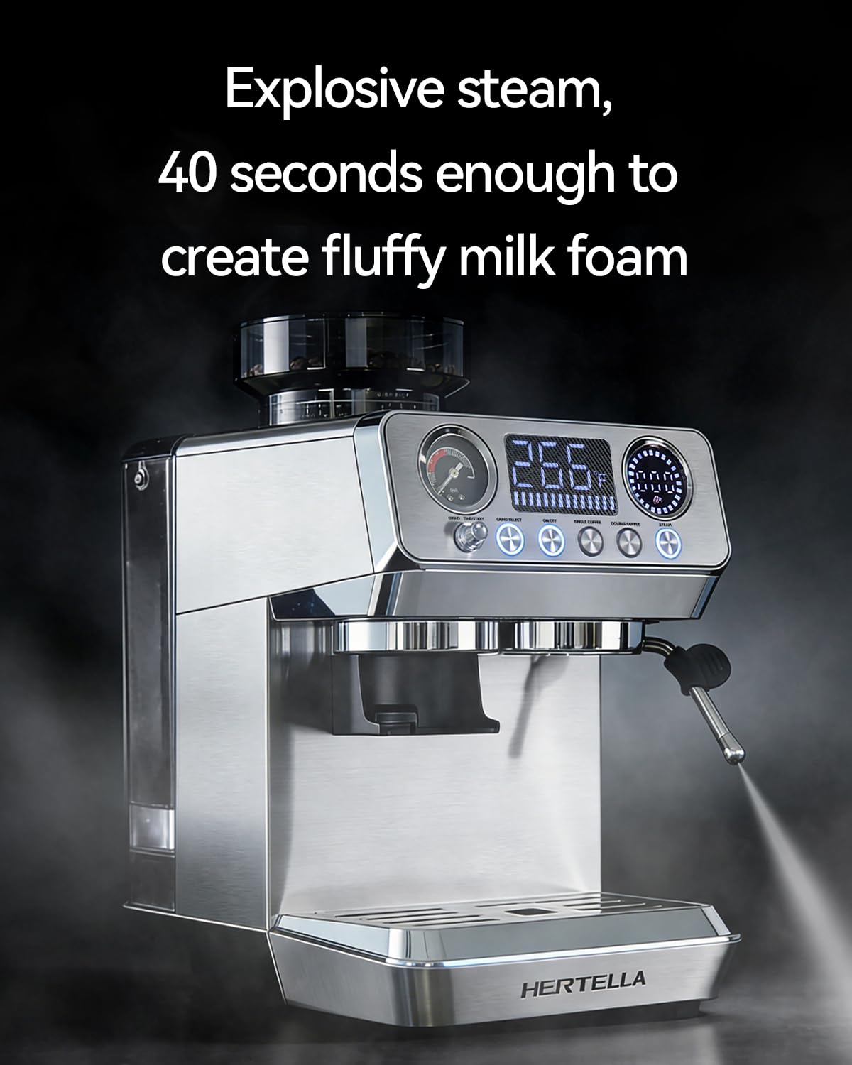 HERTELLA Espresso Machine with Burr Grinder, 20 Bar Visual Pressure Gauge, Milk Frother Steam Wand, Stainless Steel, 4 Temperature Modes (Hot and Cold Brew), Automatic Pressure Release Function