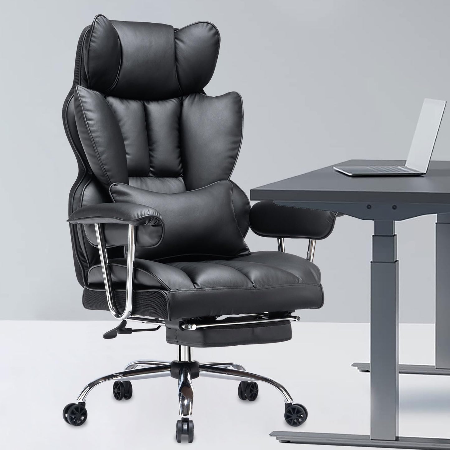 Efomao Big & Tall Office Chair with Footrest, High-Back Leather Executive Desk Chair with Lumbar Support and Padded Armrests, Black