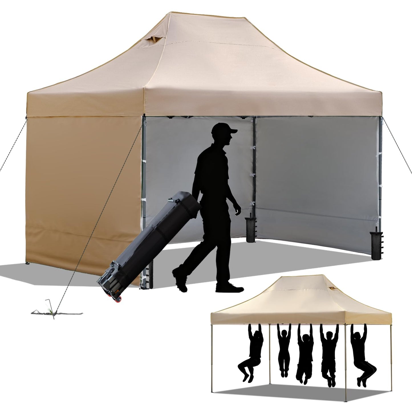 10x15 Heavy Duty Pop Up Canopy Tent, Outdoor Commercial Easy Up Canopy Outdoor Party Tents with 3 Removable sidewalls and Wheeled Bag for Events, Parties, Weddings(Khaki)