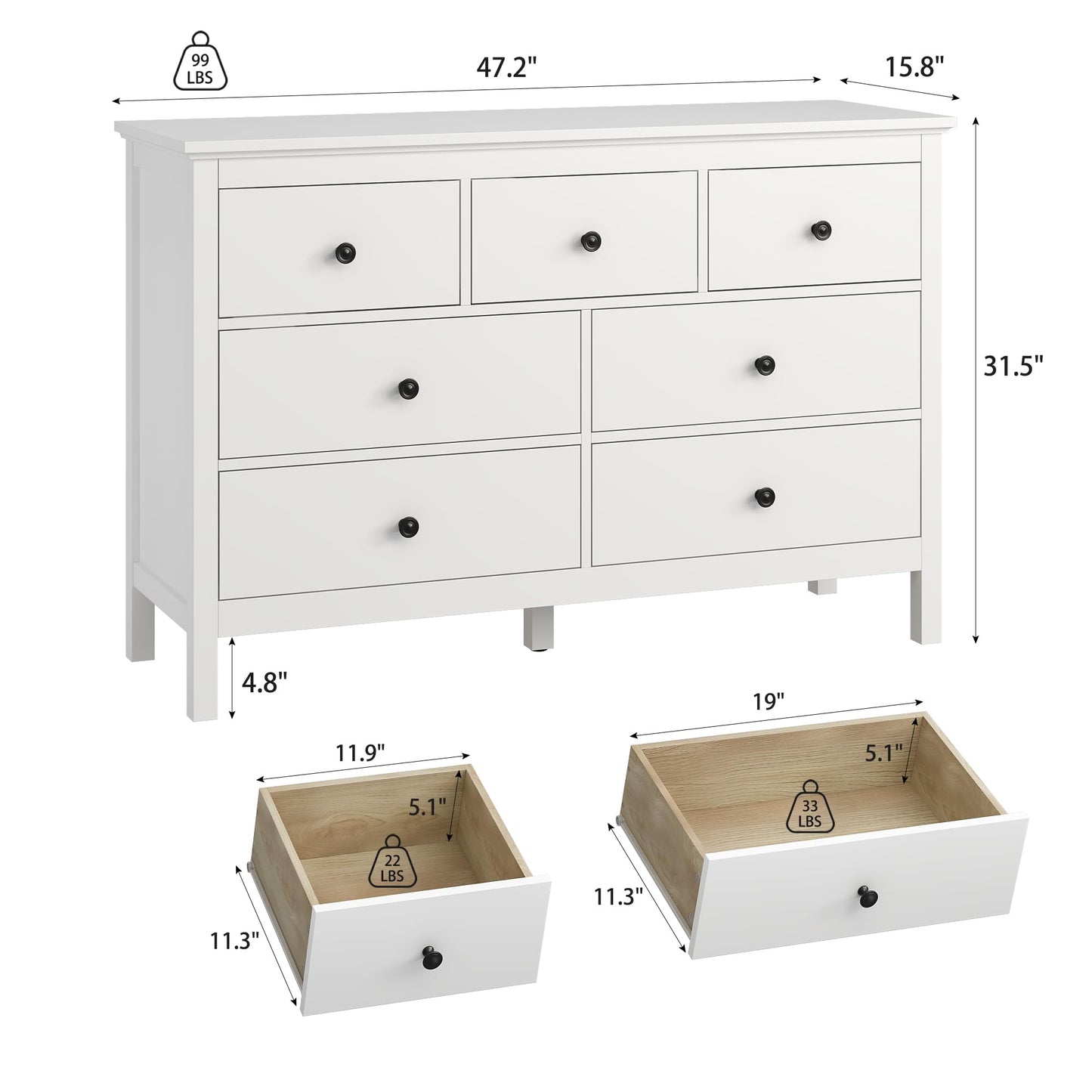 LYNSOM White Dresser for Bedroom with 7 Drawers, 47'' Wide Modern Chest of Drawer with Black Handles, Wood Storage Dresser TV Stand Dressers for Closet, Living Room, Kids Room, Entryway