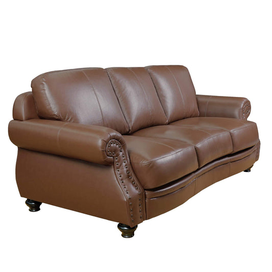 Sunset Trading Charleston 86" Wide Top Grain Leather Sofa | Chestnut Brown Classic 3 Seater Rolled Arm Couch with Nailheads
