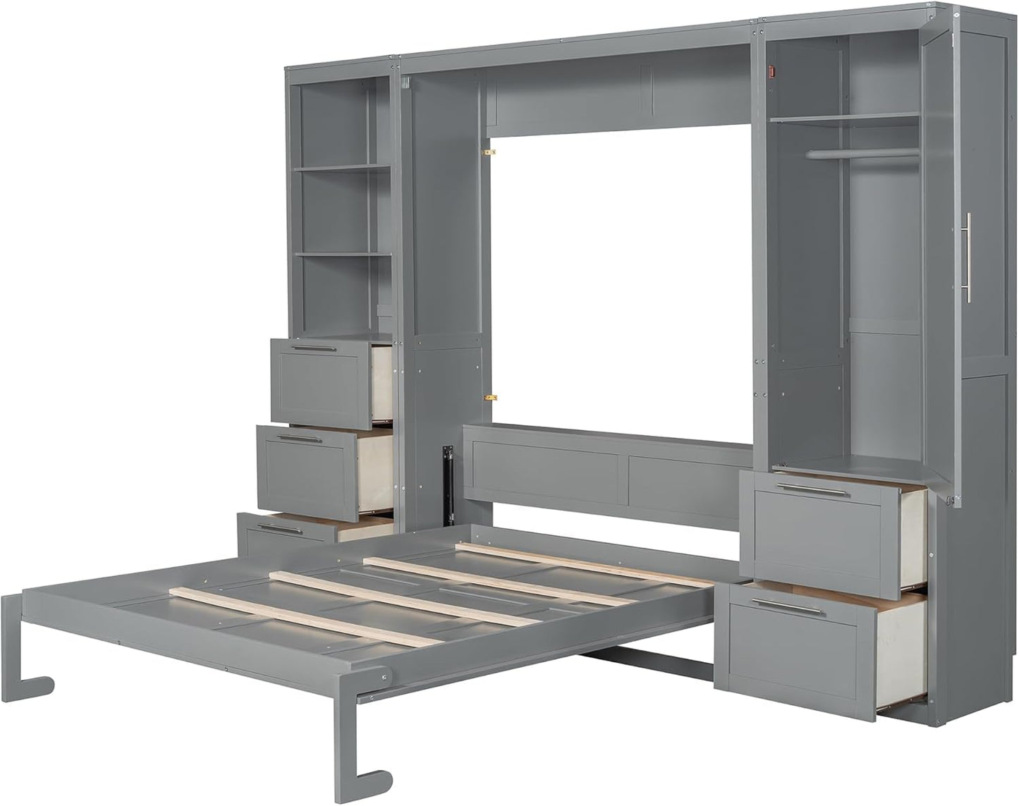 Queen Murphy Bed with Storage Wardrobe Closet,Drawers and Open Shelves,Wood Folding Farmhouse Murphy Wall Bed with Shelves,Space-Saving for Small Spaces Studio Study Office Guest Room (Grey)