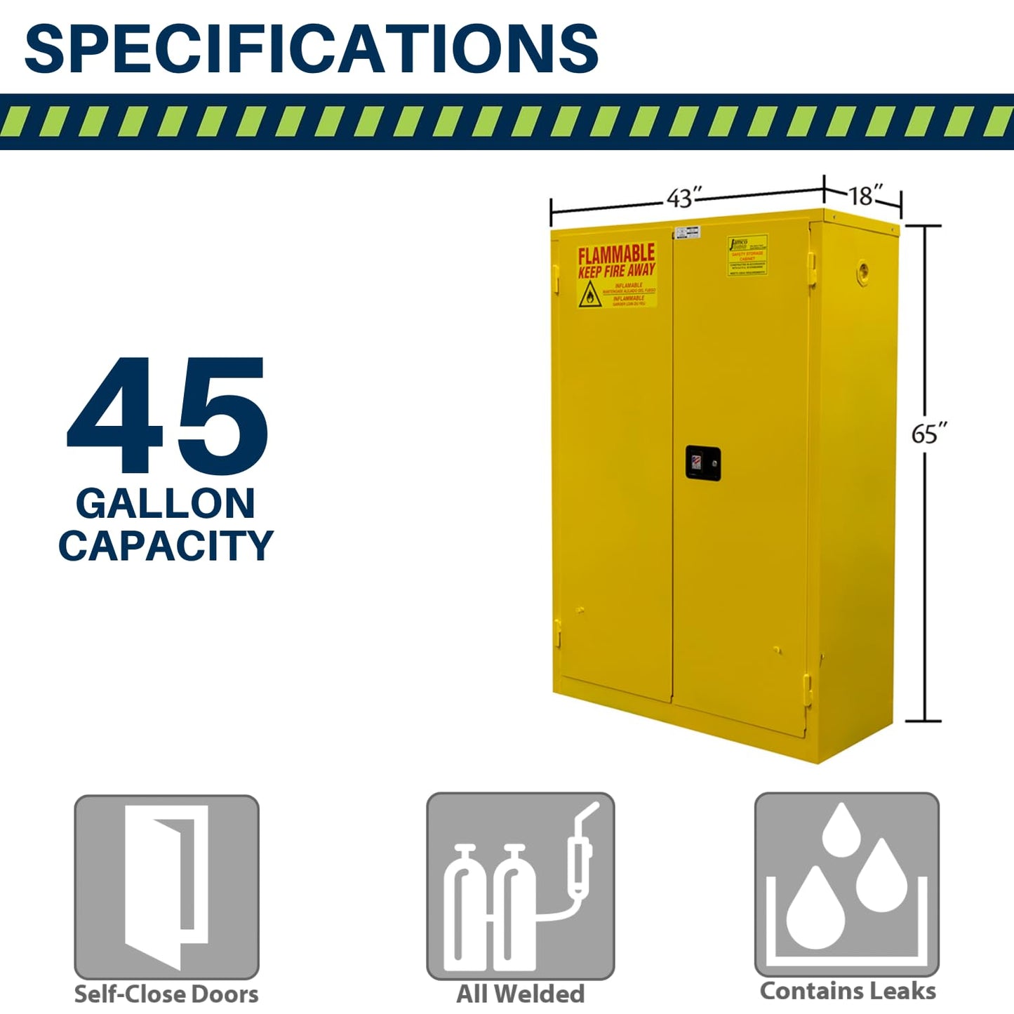 Jamco 45 Gallon Flammable Safety Cabinet, Steel Flammable Storage Cabinet with Lockable Self-Closing Doors, Non Forkliftable, 43" x 18" x 65", Yellow