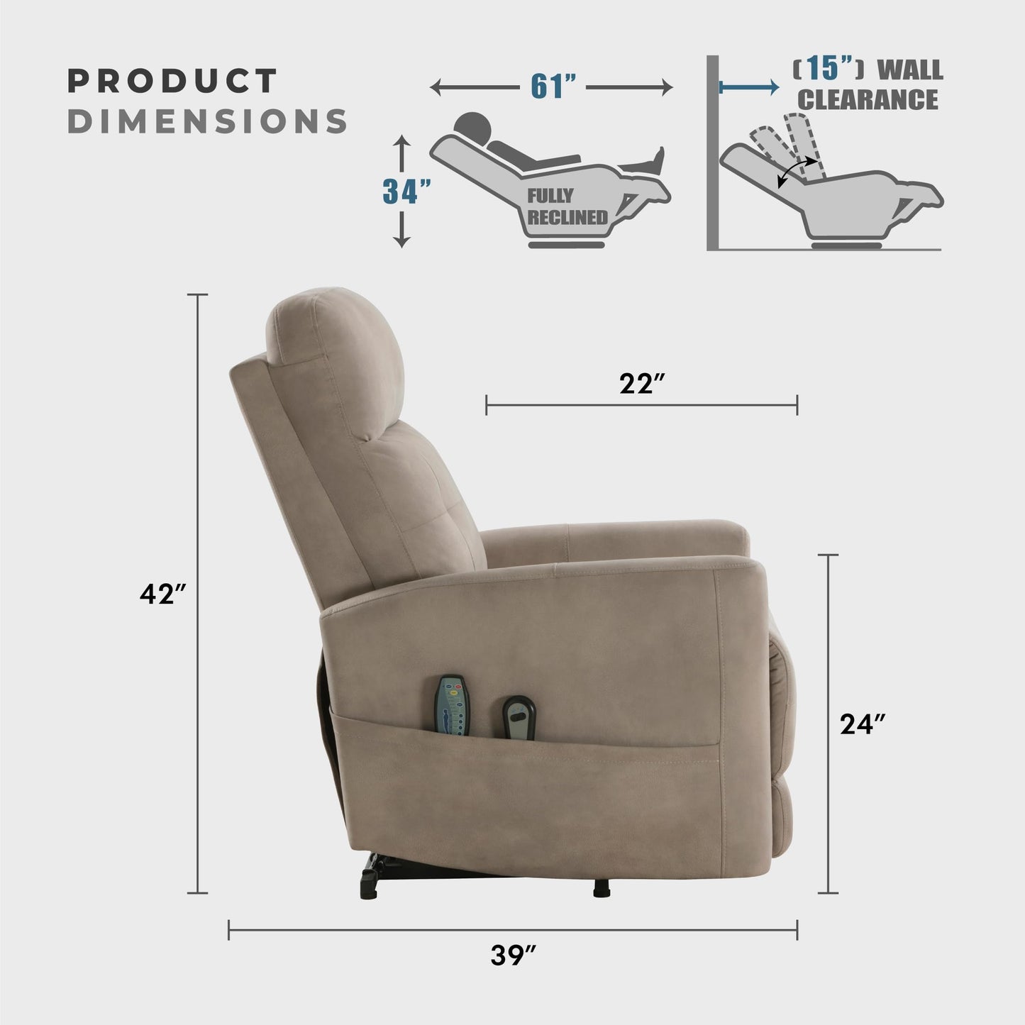 Lexicon Power Lift Recliner with Heat and Massage for Adults Elderly Ergonomic, Textured Microfiber Tufted Lounge Chair Classic Single Sofa Recliner with Side Pockets, Home Theater Seating, Brown