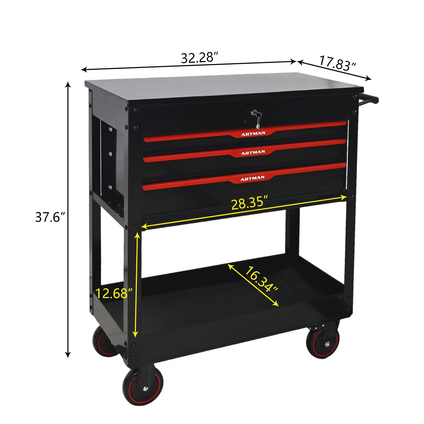 KEIKI 3-Drawer Rolling Tool Cart with Lift-Up Steel Top, Utility Tool Box, Multi-Functional Tool Storage Organizer Cabinet for Garage, Warehouse, Workshop, Repair Shop, Black