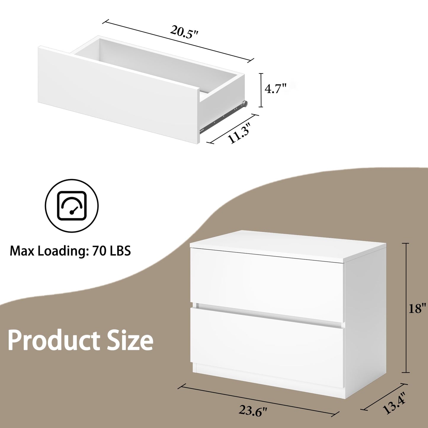 furtble 2 Drawer Dresser, Small Dressers for Closet, Wood Storage Cabinet for Hallway Bedroom Entryway, Nightstand Sofa Beside Table Drawer Chest, 23.6 in, White