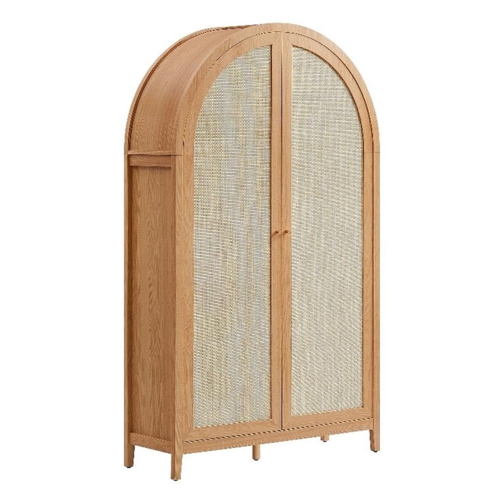 MAKLAINE 79" Tall Wide Arched Storage Cabinet, Synthetic Rattan Doors, Natural Wood Grain Finish, 2 Adjustable Shelves, Soft-Close Hinges, Durable Linen Cabinet for Office, Hallway, or Living Room
