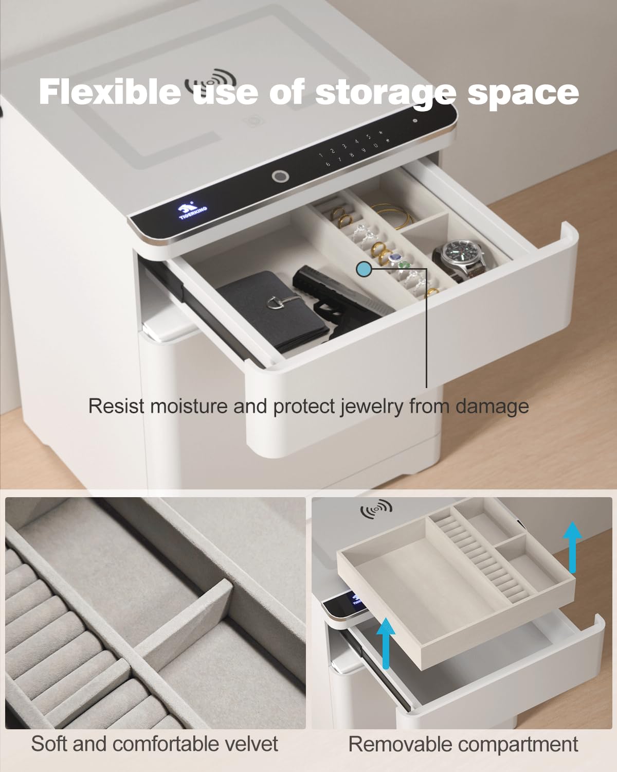 TIGERKING 3-in-1 Biometric Heavy Duty Safe, Lockable Drawer Gun Safes with Wireless Charging Station, Home Safe Adjustable Lighting with USB & Type-C Port for Bedroom Office, White