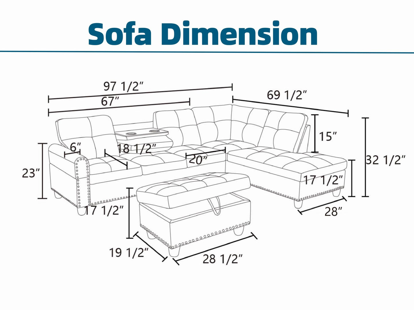 Topcomfy L Shaped Sectional Couches for Living Room with Movable Chaise & Storage Ottoman - 97.5" Leather V Shaped Couches for Apartment, Home Modular Sectional Sofas with Cup Holder, White