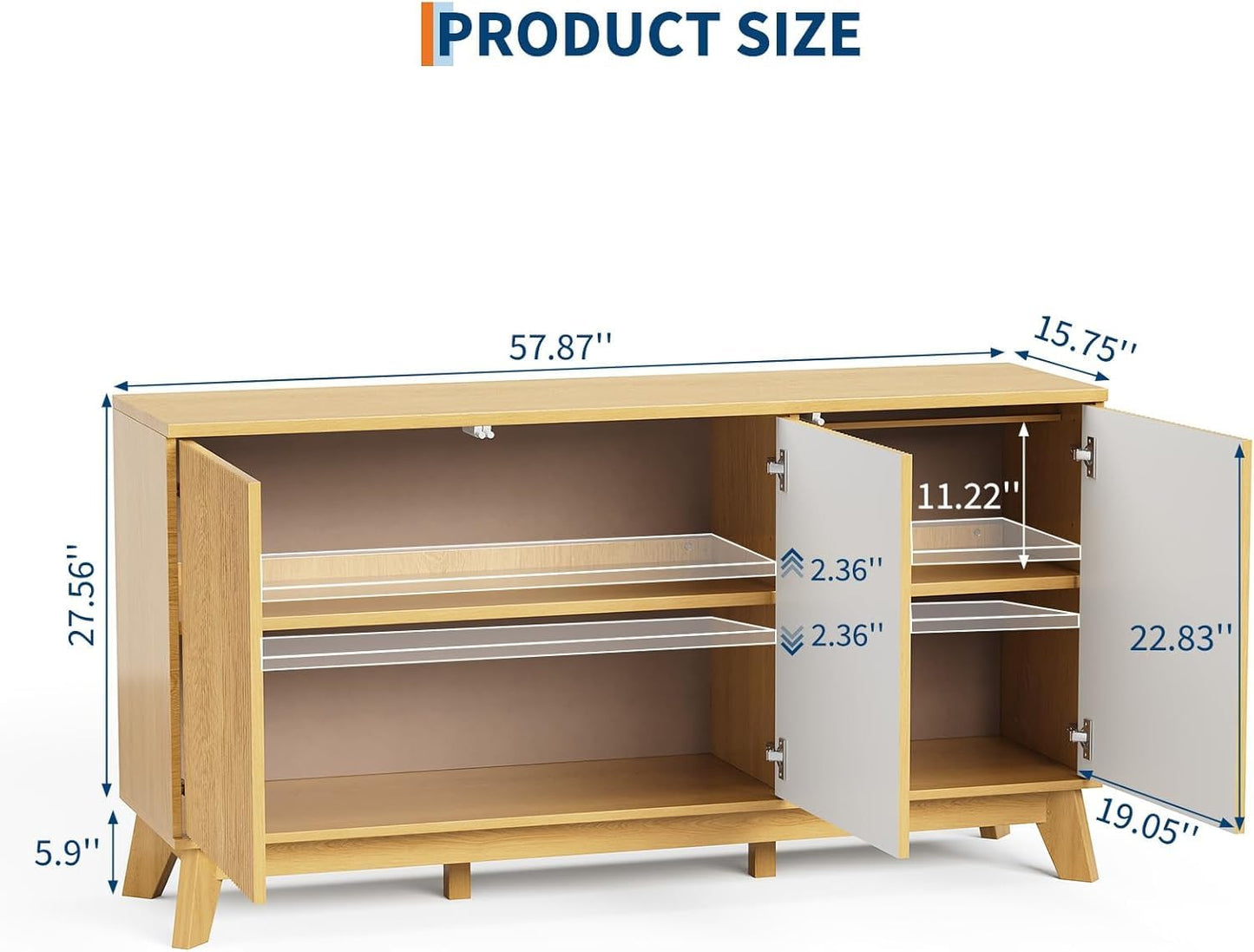 58" Modern Farmhouse Sideboard Buffet Cabinet with Curved Fluted Doors, 4 Doors & Adjustable Shelves, Wood Storage Buffet Console Table for Dining Room, Kitchen, Living Room, Coffee Bar