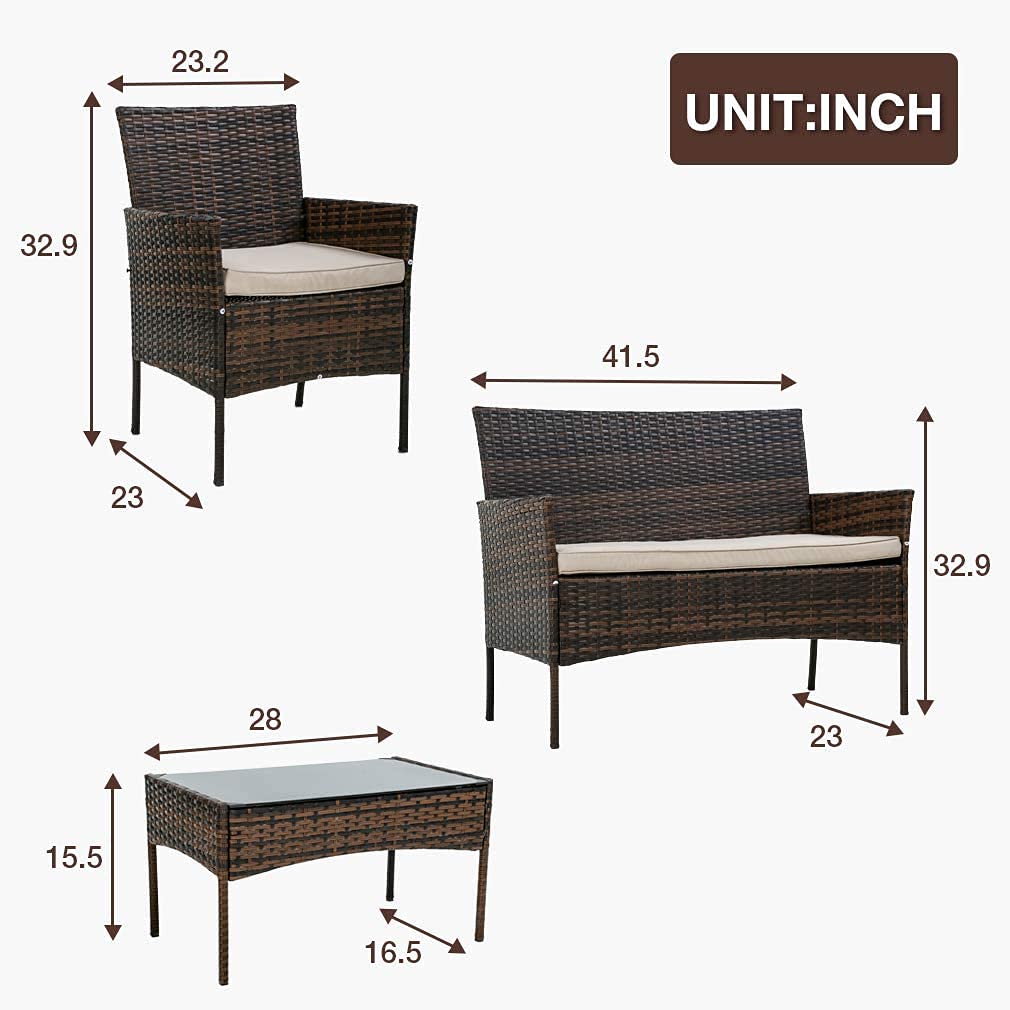 BestMassage Patio Furniture 4 Pieces Outdoor Indoor Use Rattan Chairs Wicker Conversation Sets for Backyard Lawn Porch Garden Balcony,Brown