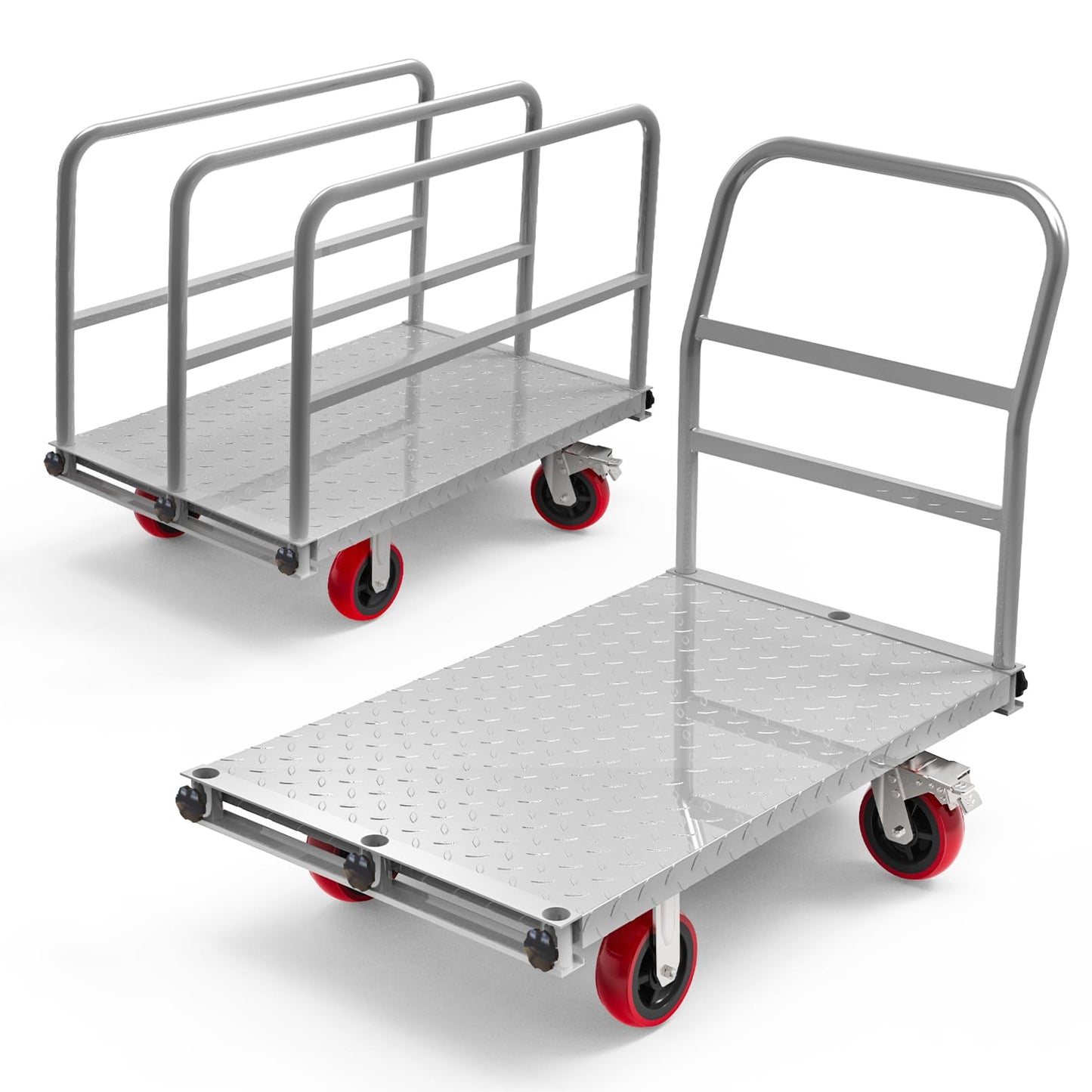 PHEXOD 2IN1 Steel Panel Truck Cart, Lumber Cart Drywall Dolly，2500LBS Heavy Duty Flatbed Cart Dolly with 6" Swivel Brake Wheels, 40x24INCH 2MM Plate Platform Truck with 1Front and 3Side Handrails