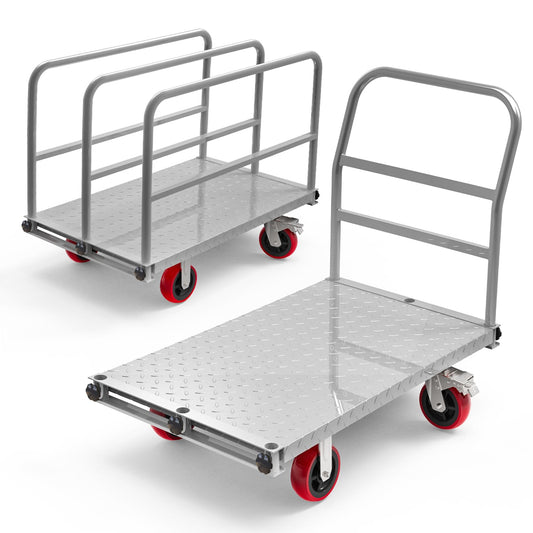 PHEXOD 2IN1 Steel Panel Truck Cart, Lumber Cart Drywall Dolly，2500LBS Heavy Duty Flatbed Cart Dolly with 6" Swivel Brake Wheels, 40x24INCH 2MM Plate Platform Truck with 1Front and 3Side Handrails