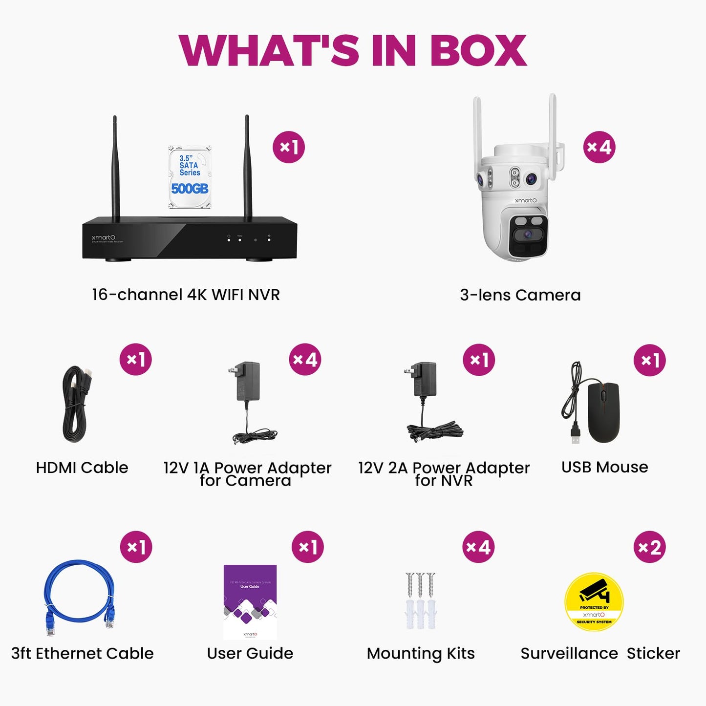 XMARTO 6MP Tri-Lens 4-Cam 500GB WiFi Mesh Security Camera System,16CH 4K H.265 WiFi-Inside NVR,360°PTZ AI Tracking,3-View/Cam,Long Range Wireless,Plug-in 24/7 Home Surveillance,Local & Mobile View