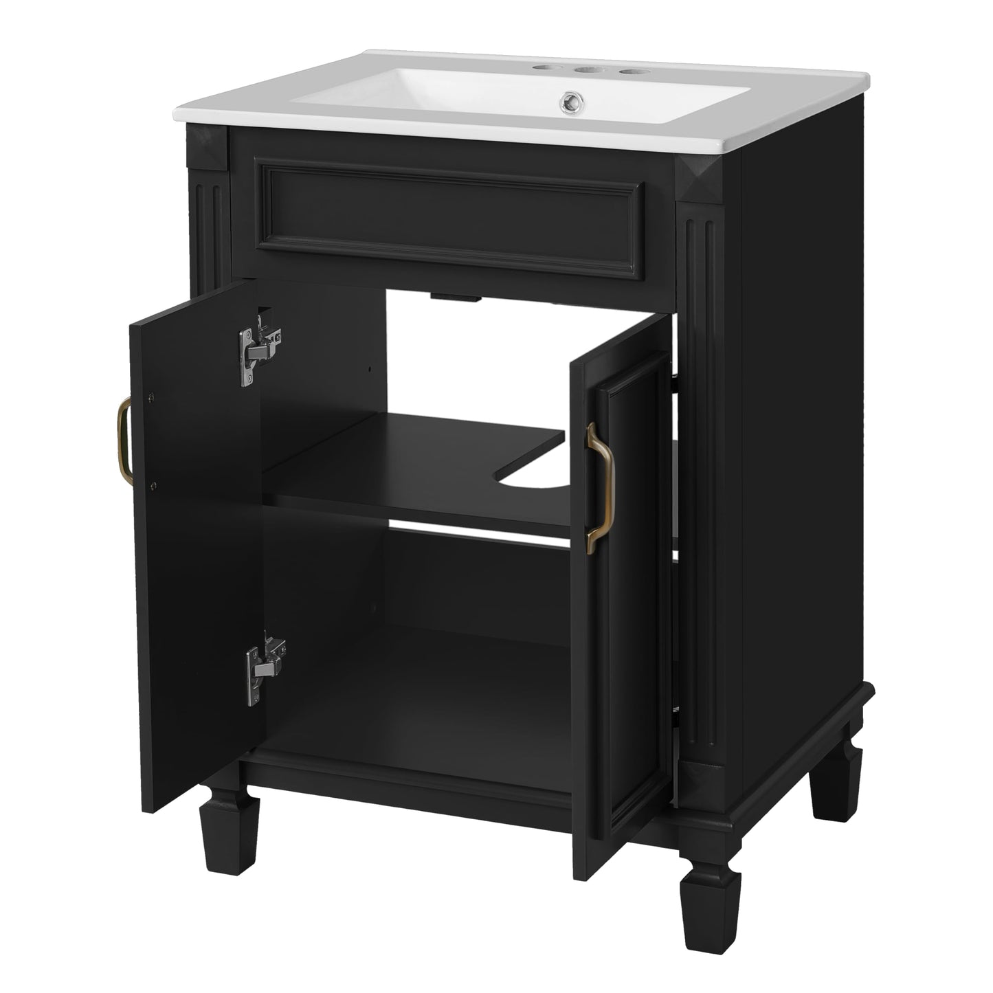 Merax 24 Inch Bathroom Vanity with Ceramic Sink, Modern Solid Wood Storage Cabinet with 2 Soft-Closing Doors and Adjustable Shelf, Black