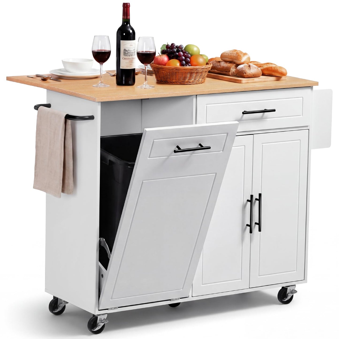 VEVOR Kitchen Island Cart with Storage, 46.06 in Wide Mobile Rolling Storage Island on Swivel Wheels, with Drawer, Storage Cabinet, Drop Leaf, Spice/Towel Rack, Table for Home Dining Room, White