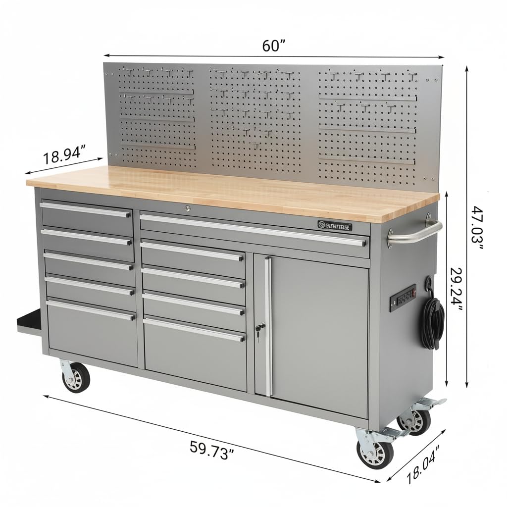 IDEALHOUSE 61-inch Rolling Tool Chest, 10 Drawers Garage Workbench Storage Tool Cabinet with Power Strip, Solid Rubber Wood Top, 1675 LBS Load Mobile Workstation, Heavy Duty Rolling Cabinet, Silver