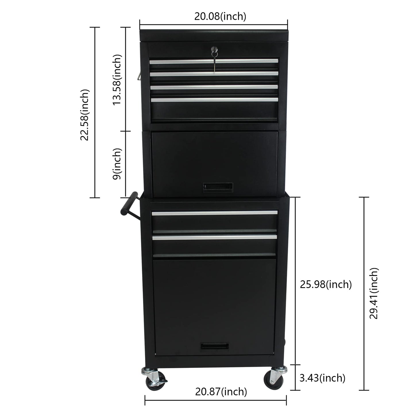 GDFStudio 20.87" Detachable 6-Drawer Rolling Tool Chest with Bottom Cabinet, Lockable Metal Tool Cabinet with Wheels, Hanging Panel, Side Handles, Garage Workshop Storage Cart, Black