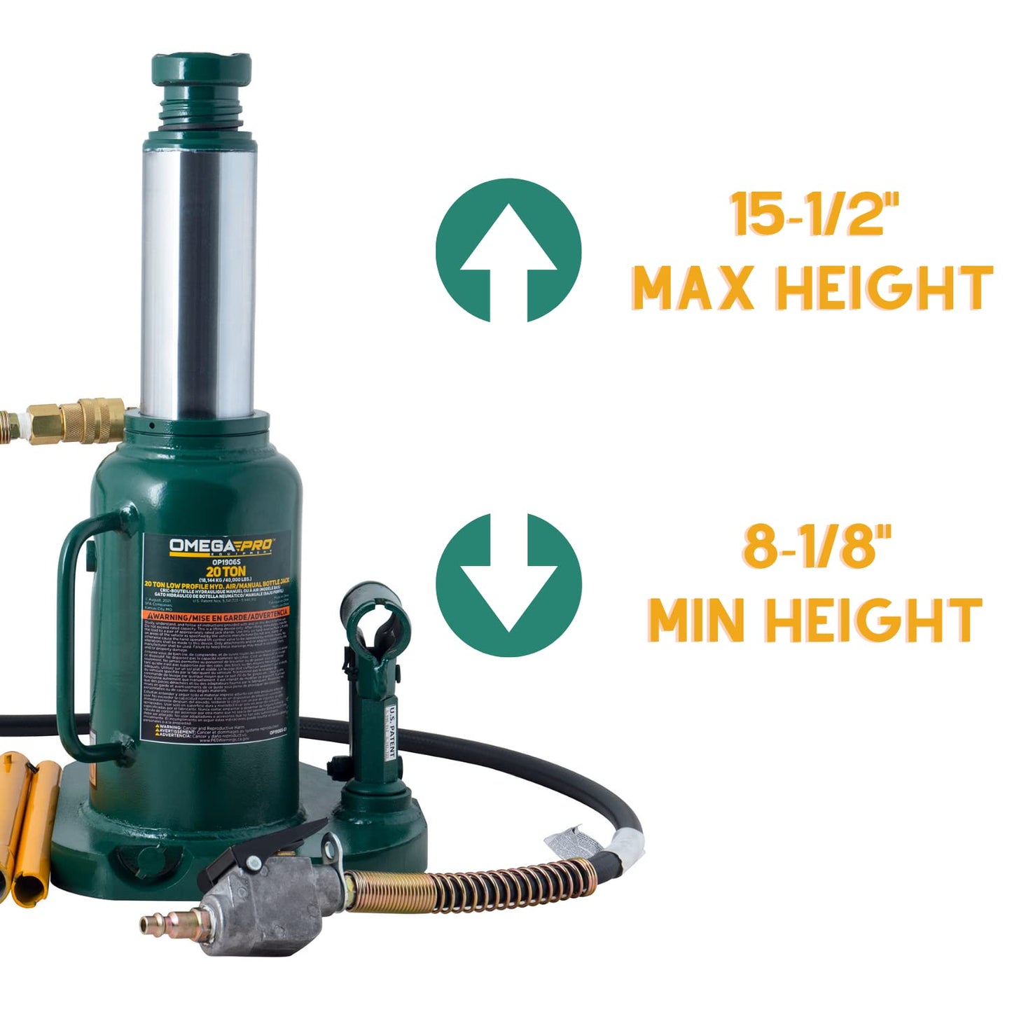 Omega Pro Air Hydraulic Bottle Jack - Low Profile with Manual Hand Pump for Heavy Duty Auto Truck Repair - 20 Ton Capacity, Green (OP1906S)