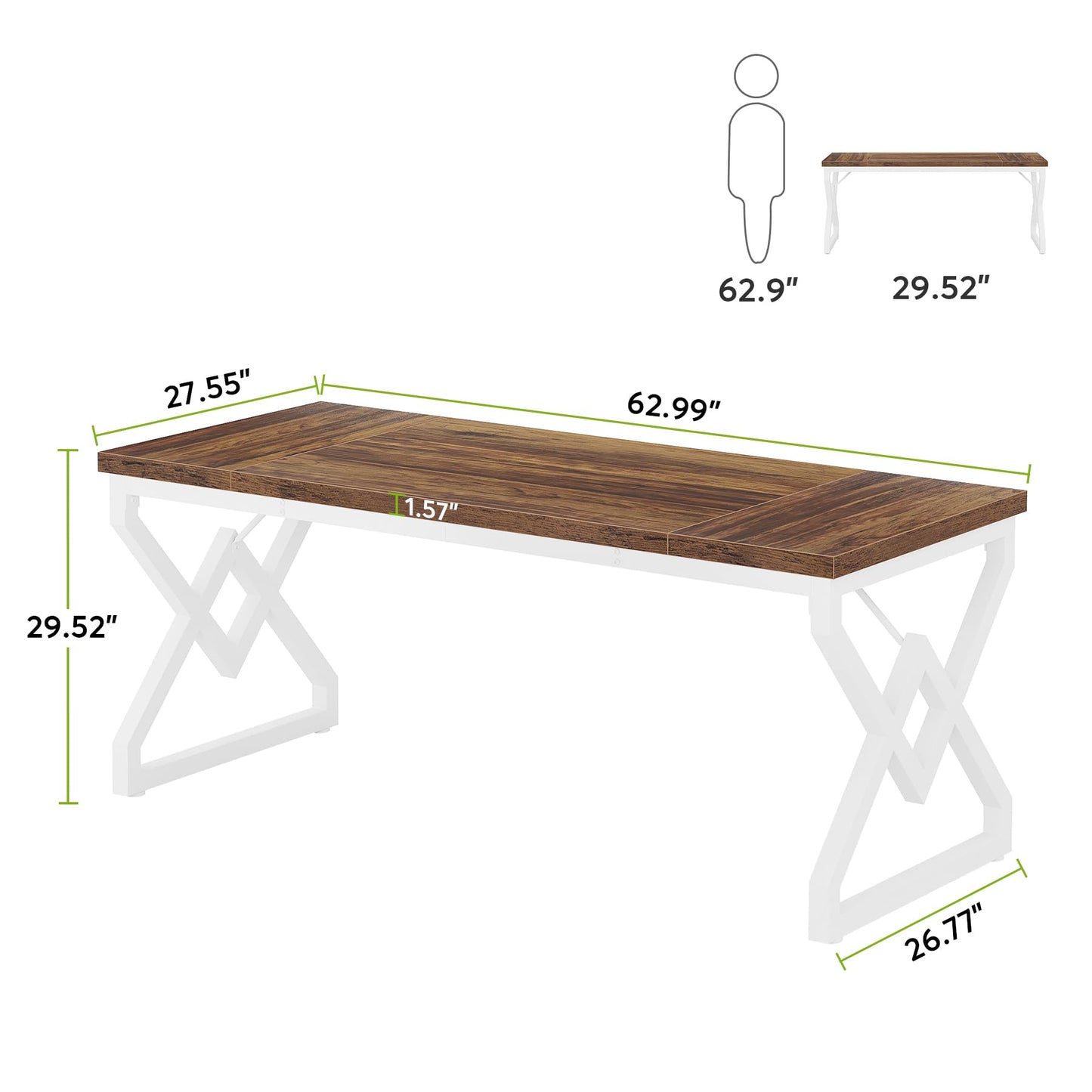 Tribesigns 63 Inch Executive Desk, Large Office Desk with Metal Frame, Ergonomic Writing Desk Computer Workstation, Modern Wood Computer Desk for Home Office, Easy Assembly (Brown+White)